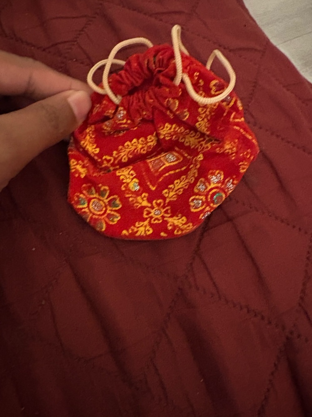 Red Embroidered Drawstring Pouch Bag